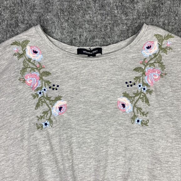 Women Only Shirt Womens Large Gray Tie-Front Embroidered‎ Top Floral Cropped - Picture 3 of 9